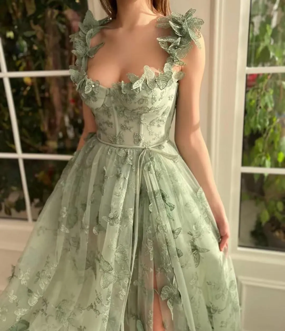 YUAOHUANG Corset Long Tulle Prom Dresses Butterfly Prom Dress for Women Lace Applique Fairy Ball Gown Butterfly Gowns