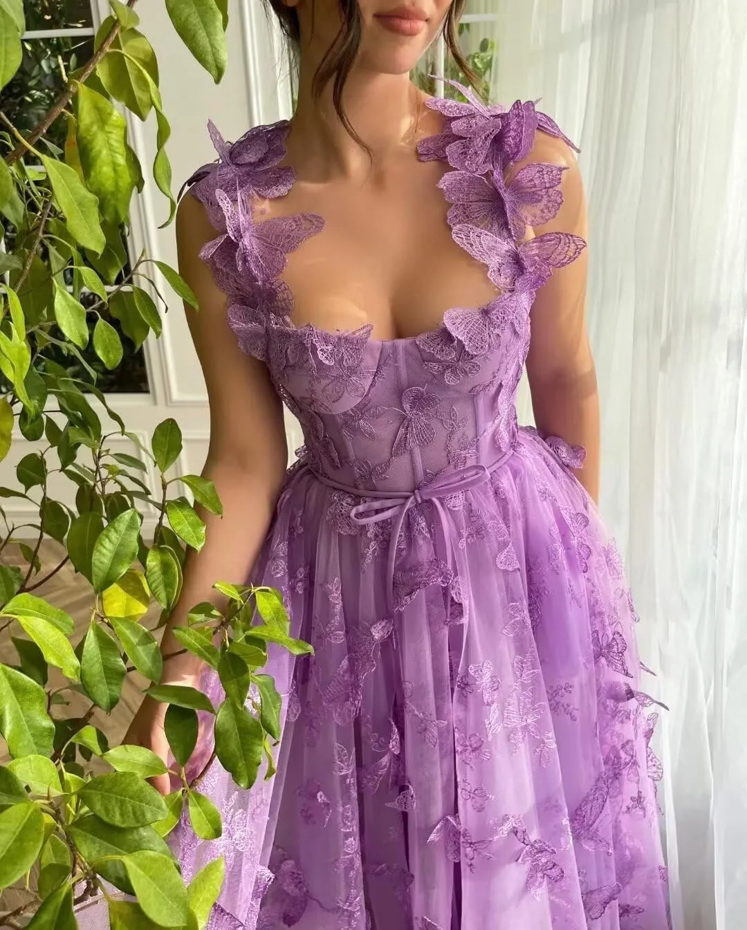 YUAOHUANG Corset Long Tulle Prom Dresses Butterfly Prom Dress for Women Lace Applique Fairy Ball Gown Butterfly Gowns