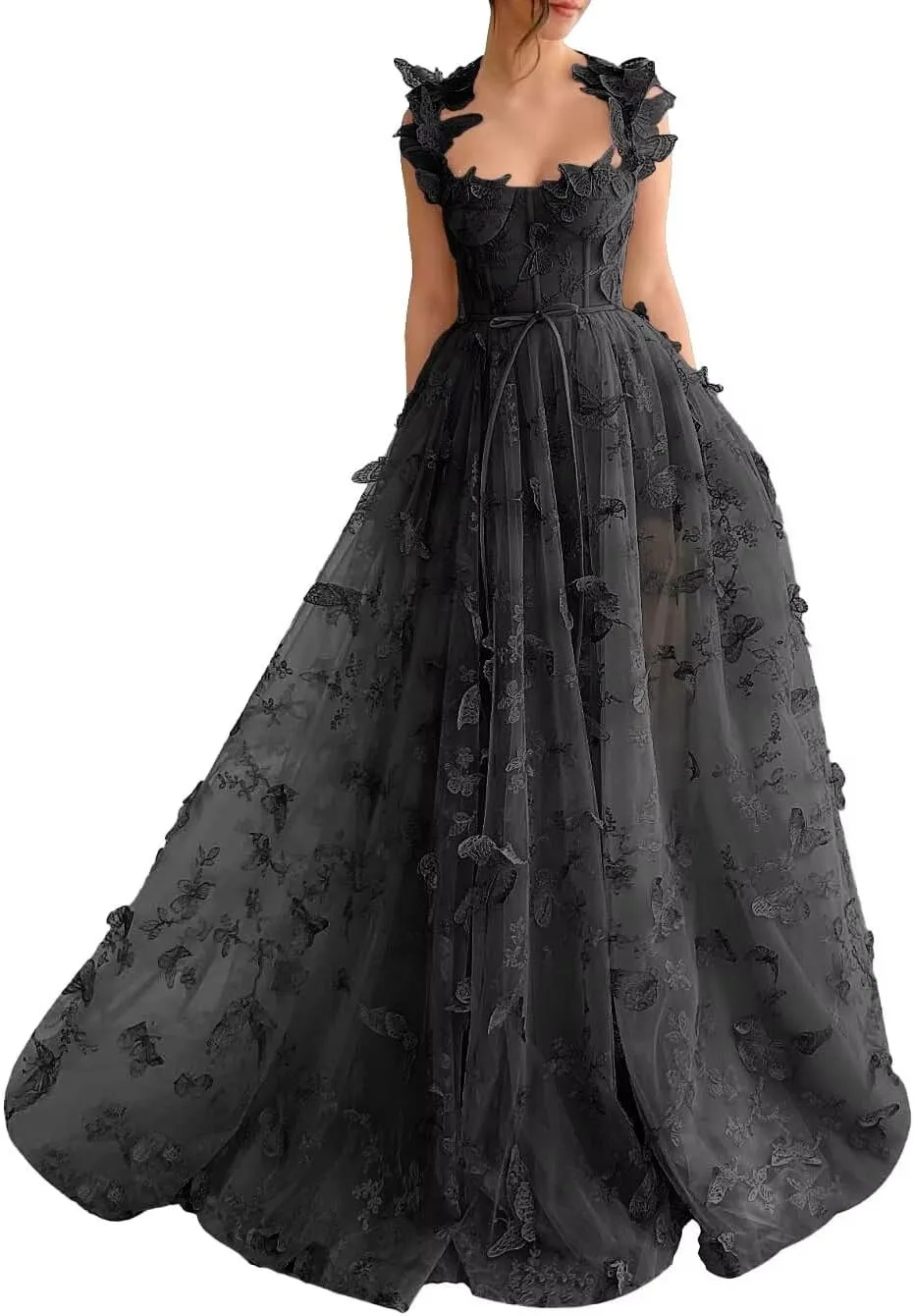 YUAOHUANG Corset Long Tulle Prom Dresses Butterfly Prom Dress for Women Lace Applique Fairy Ball Gown Butterfly Gowns
