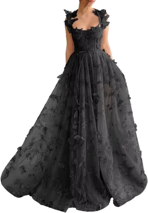 YUAOHUANG Corset Long Tulle Prom Dresses Butterfly Prom Dress for Women Lace Applique Fairy Ball Gown Butterfly Gowns