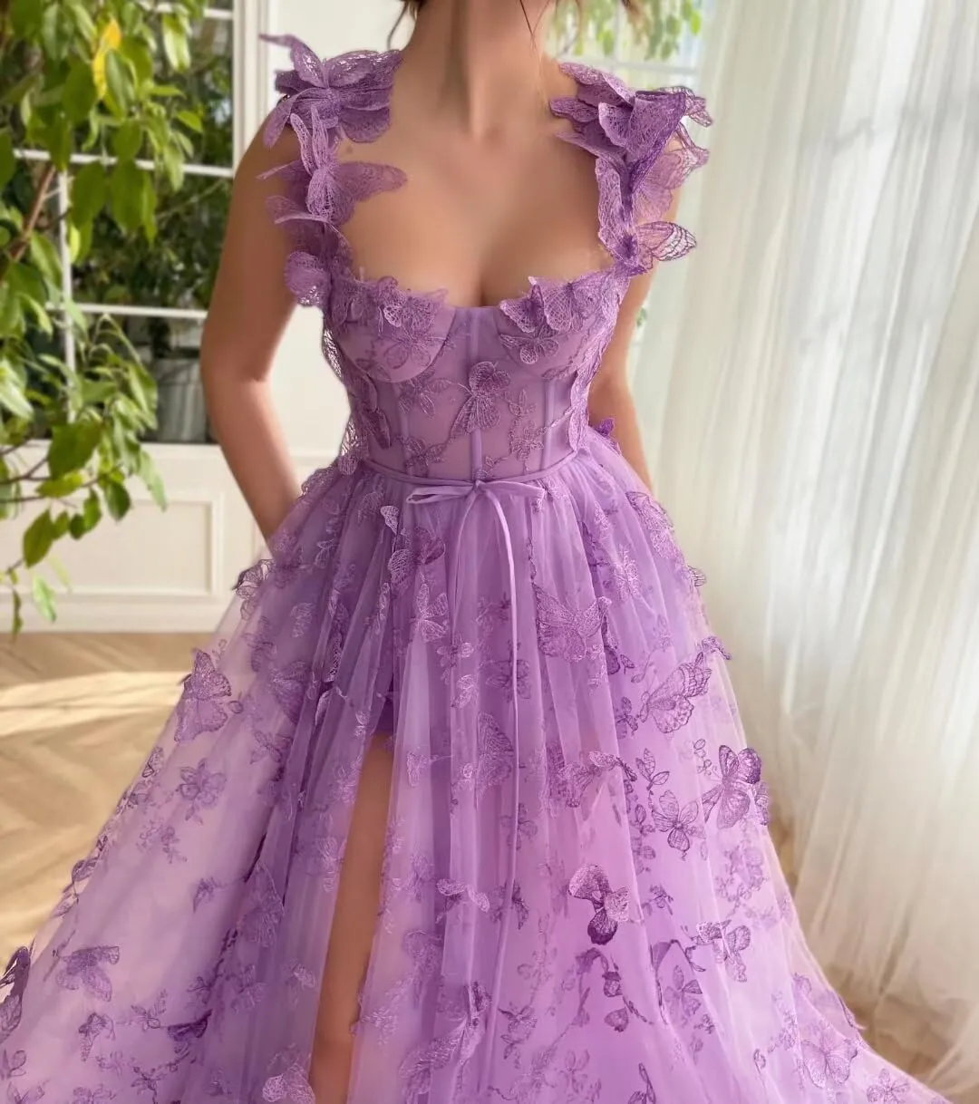 YUAOHUANG Corset Long Tulle Prom Dresses Butterfly Prom Dress for Women Lace Applique Fairy Ball Gown Butterfly Gowns