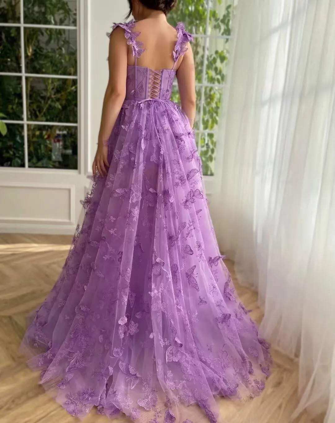 YUAOHUANG Corset Long Tulle Prom Dresses Butterfly Prom Dress for Women Lace Applique Fairy Ball Gown Butterfly Gowns