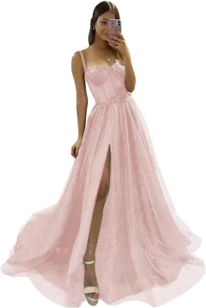 YUAOHUANG Glitter Tulle Prom Dresses Long 2024 3D Lace Flower Appliques Ball Gown Formal Dress for Evening Wedding Slit