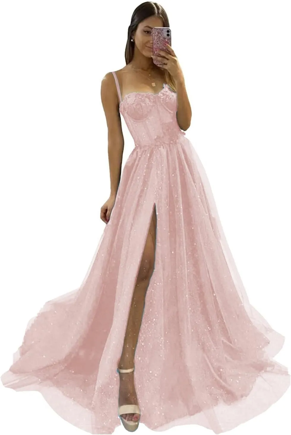 YUAOHUANG Glitter Tulle Prom Dresses Long 2024 3D Lace Flower Appliques Ball Gown Formal Dress for Evening Wedding Slit