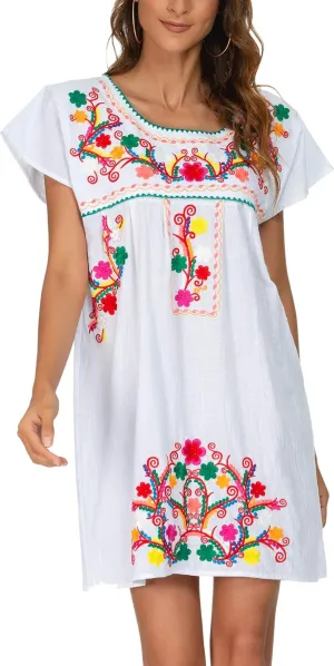 YZXDORWJ Women Mexican Embroidered Dress Short Sleeve