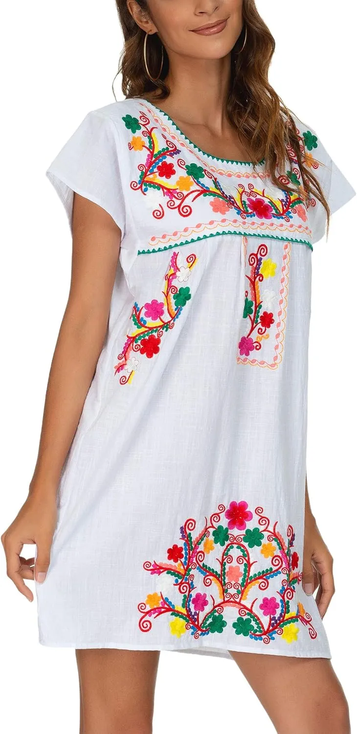 YZXDORWJ Women Mexican Embroidered Dress Short Sleeve