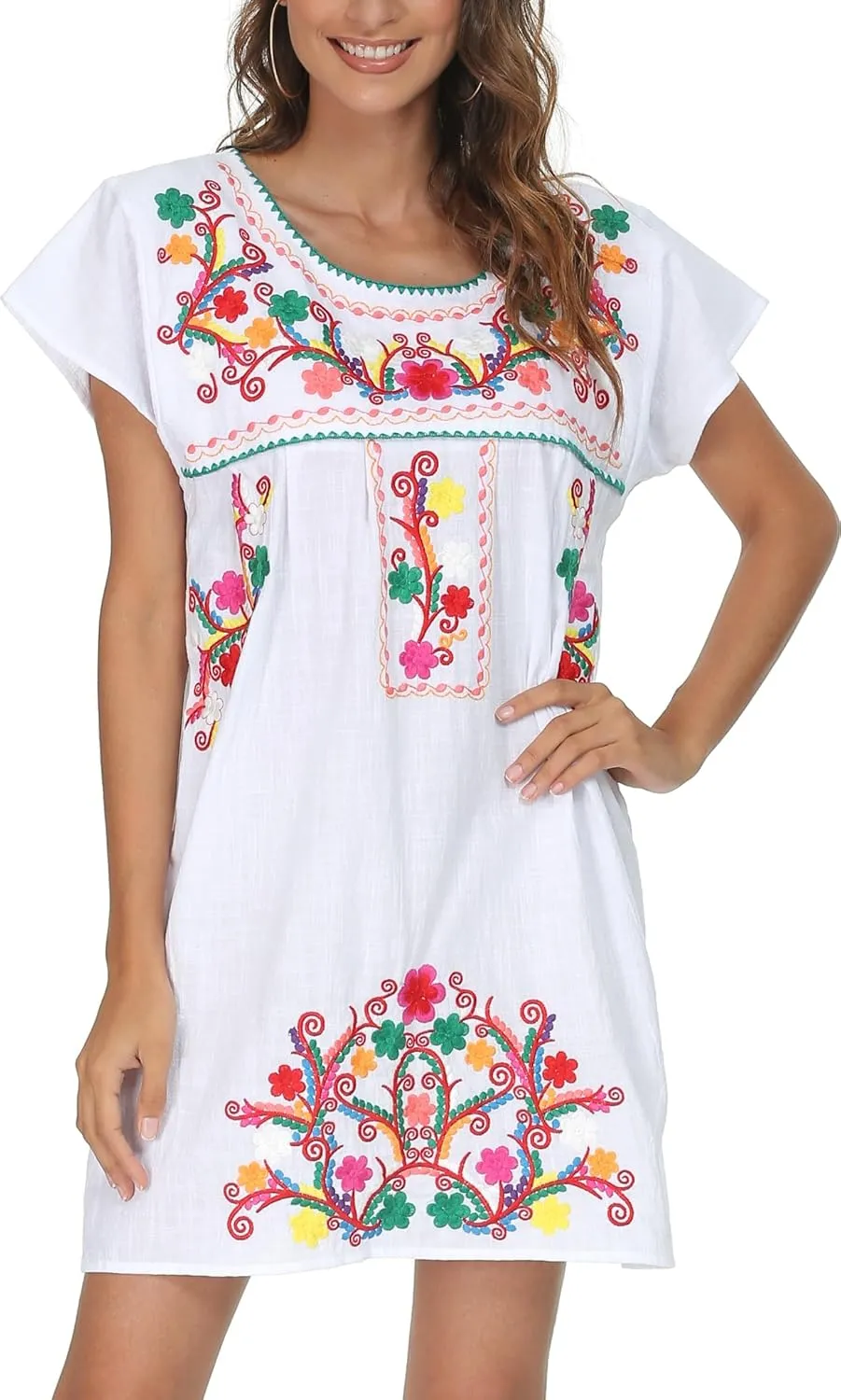 YZXDORWJ Women Mexican Embroidered Dress Short Sleeve