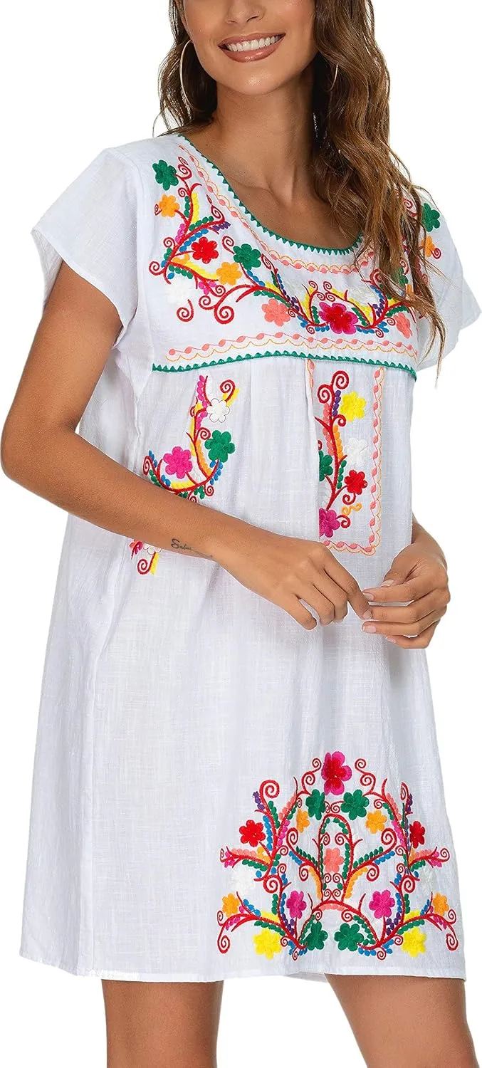 YZXDORWJ Women Mexican Embroidered Dress Short Sleeve