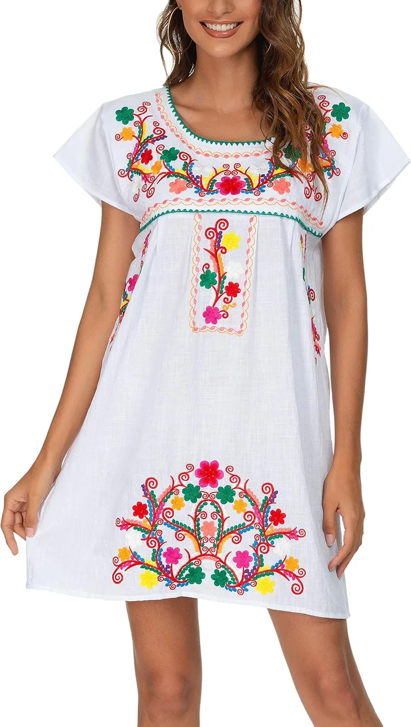 YZXDORWJ Women Mexican Embroidered Dress Short Sleeve