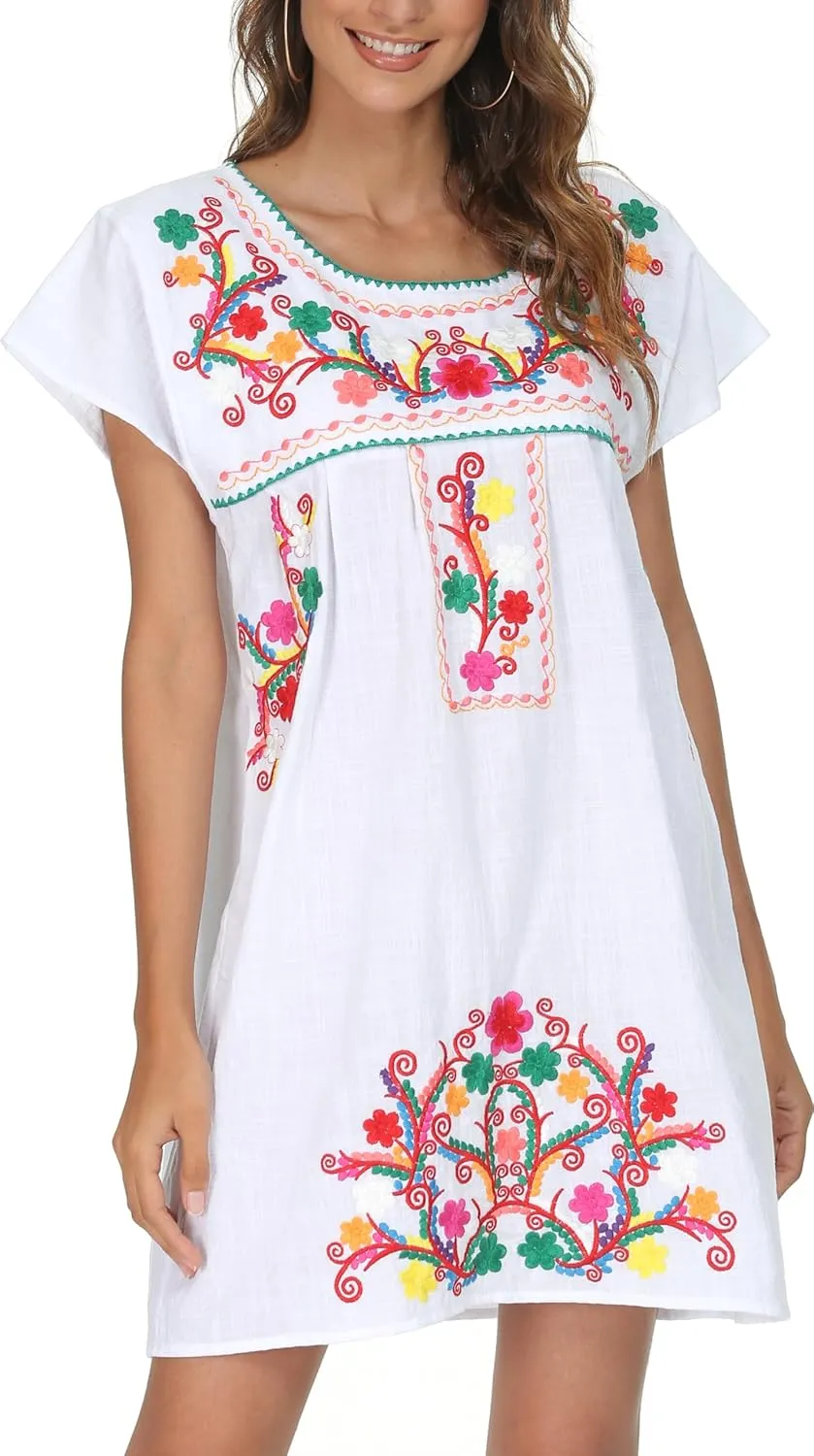 YZXDORWJ Women Mexican Embroidered Dress Short Sleeve