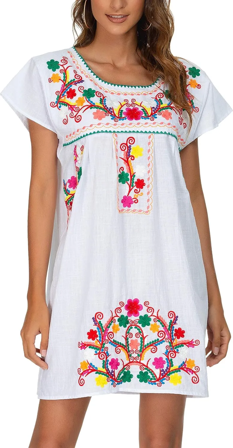 YZXDORWJ Women Mexican Embroidered Dress Short Sleeve