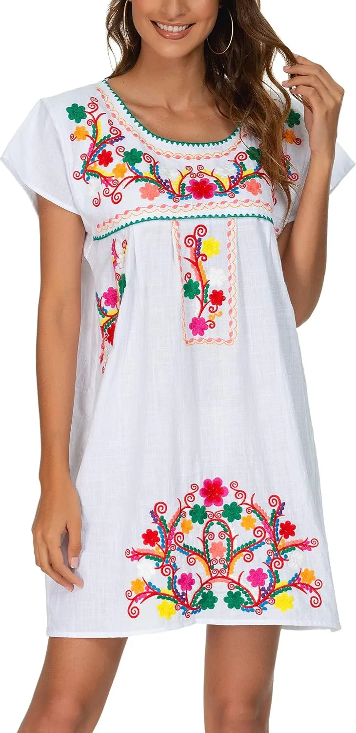 YZXDORWJ Women Mexican Embroidered Dress Short Sleeve