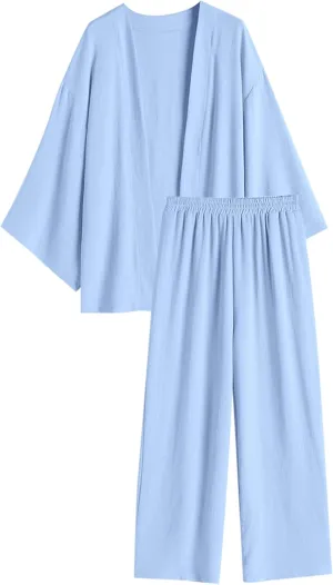 ZAFUL Womens 2 Pieces Outfit Loungewear Sets Linen Loose Cardigan Wide Leg High Waist Pants Casual Suits