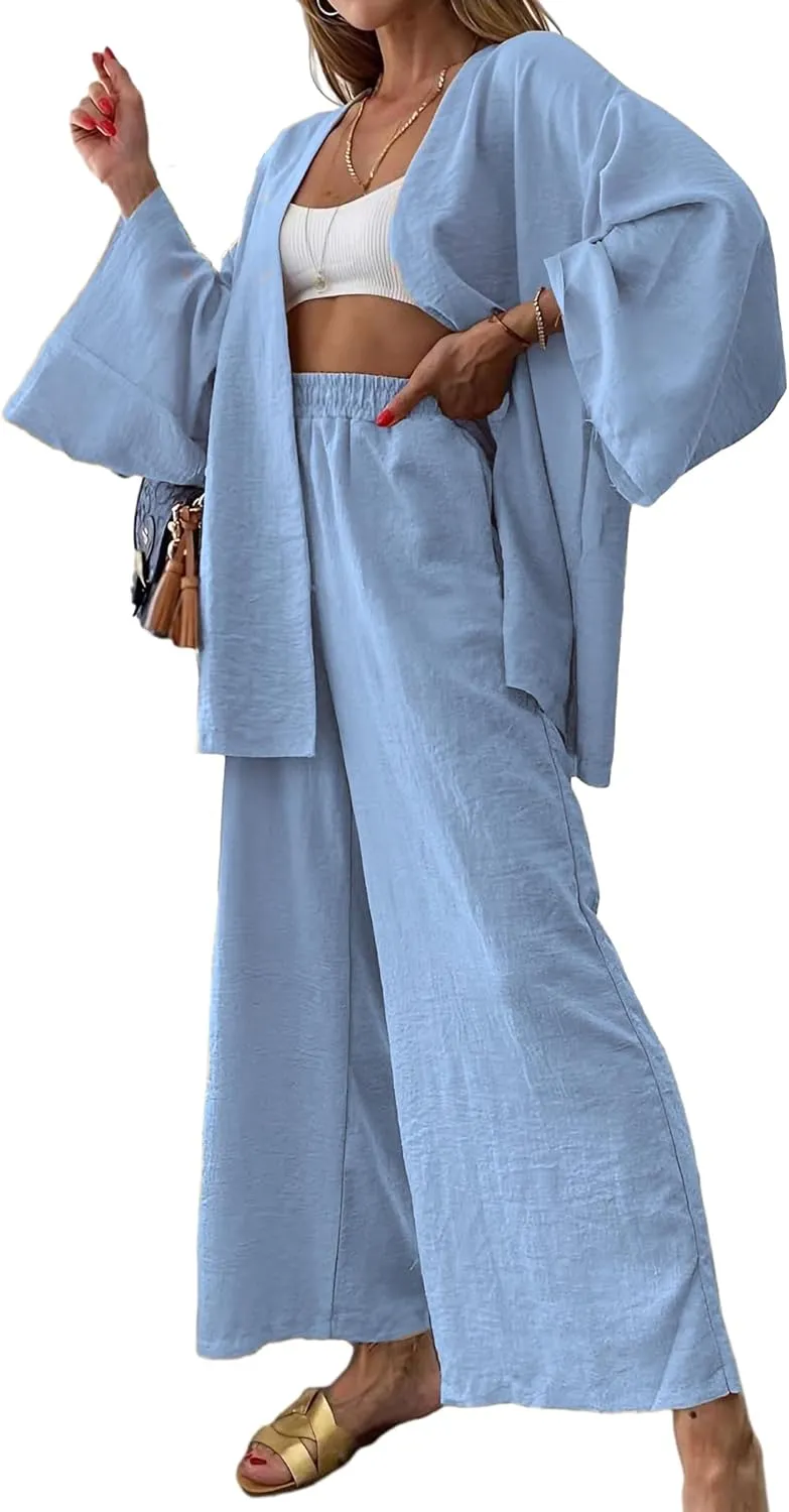 ZAFUL Womens 2 Pieces Outfit Loungewear Sets Linen Loose Cardigan Wide Leg High Waist Pants Casual Suits