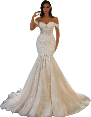Zeeyecie Off Shoulder Tulle Wedding Dresses Mermaid Lace Applique V-Neck Sparkly Bridal Gowns with Train for Brides
