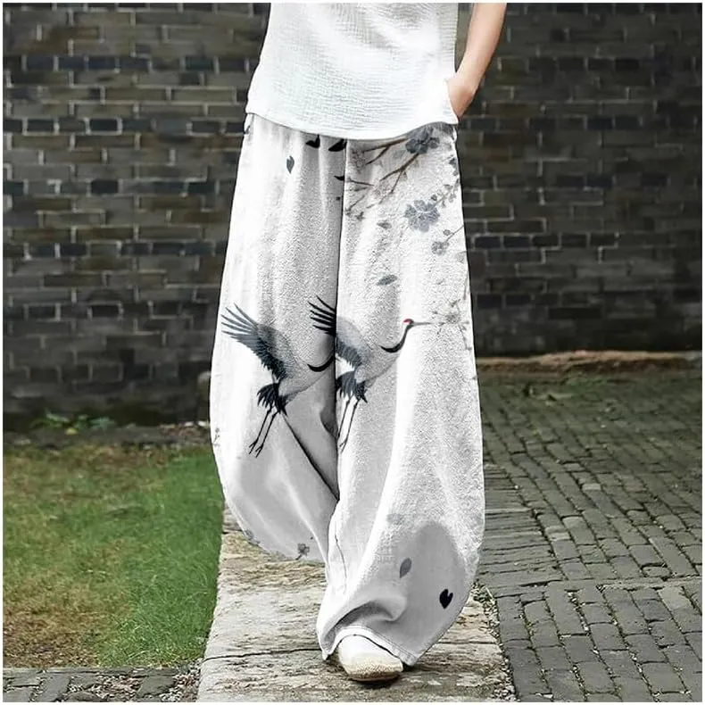 ZOCAVIA Japanese Style Lantern Pants for Women Summer Baggy Boho Floral Wide Leg Pants Elastic Hippie Trouser with Pockets