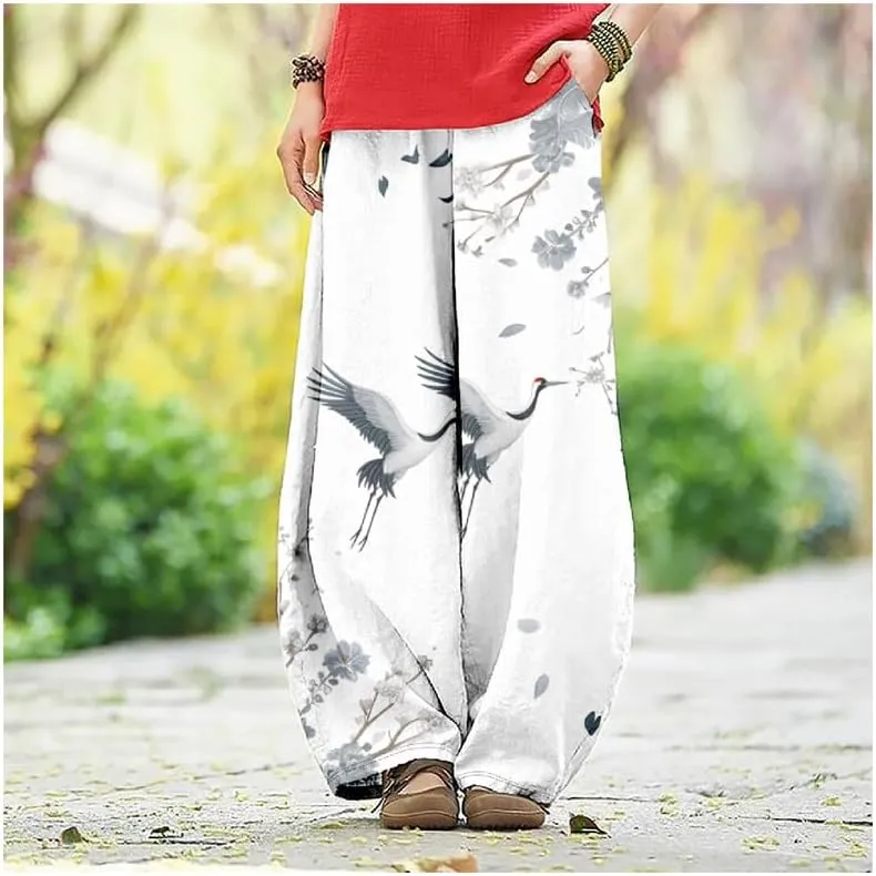ZOCAVIA Japanese Style Lantern Pants for Women Summer Baggy Boho Floral Wide Leg Pants Elastic Hippie Trouser with Pockets