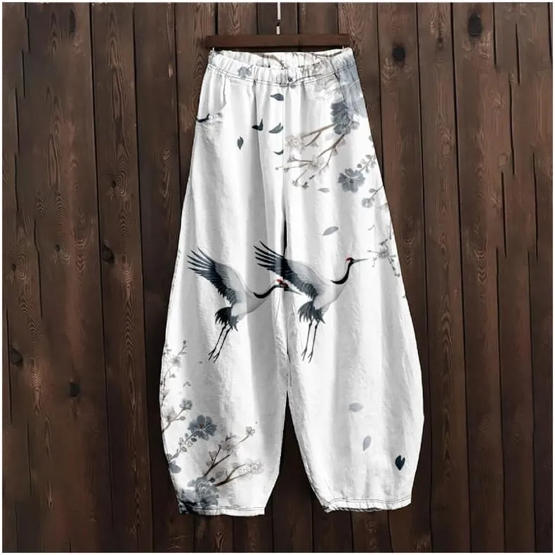 ZOCAVIA Japanese Style Lantern Pants for Women Summer Baggy Boho Floral Wide Leg Pants Elastic Hippie Trouser with Pockets