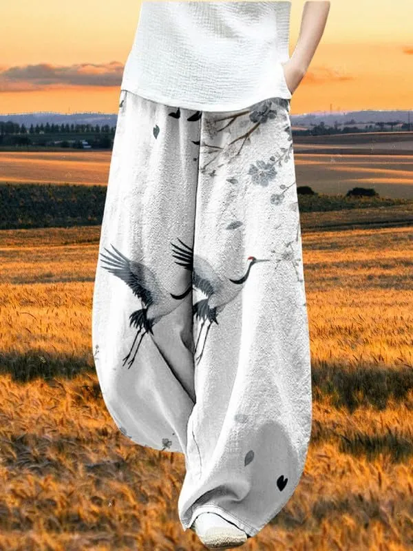 ZOCAVIA Japanese Style Lantern Pants for Women Summer Baggy Boho Floral Wide Leg Pants Elastic Hippie Trouser with Pockets