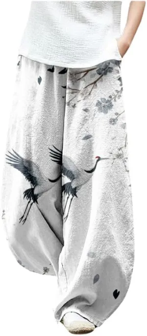 ZOCAVIA Japanese Style Lantern Pants for Women Summer Baggy Boho Floral Wide Leg Pants Elastic Hippie Trouser with Pockets